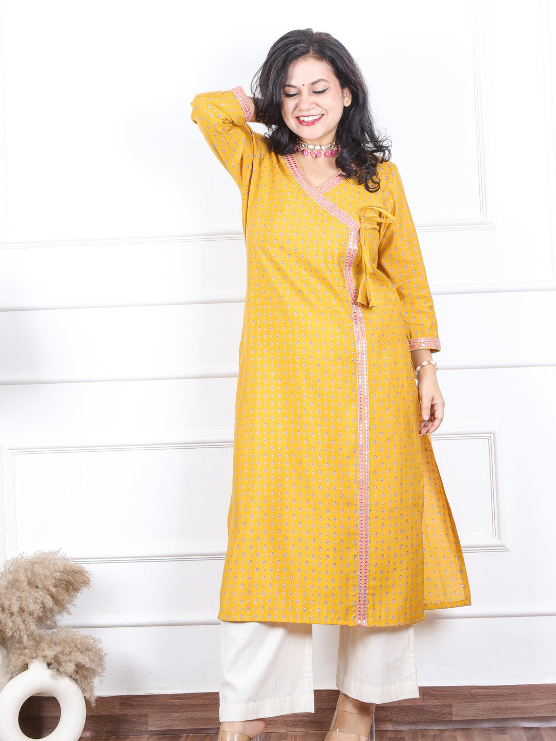 Aishwarya Canary Yellow Angrakha Style Neck Work Modal Kurti