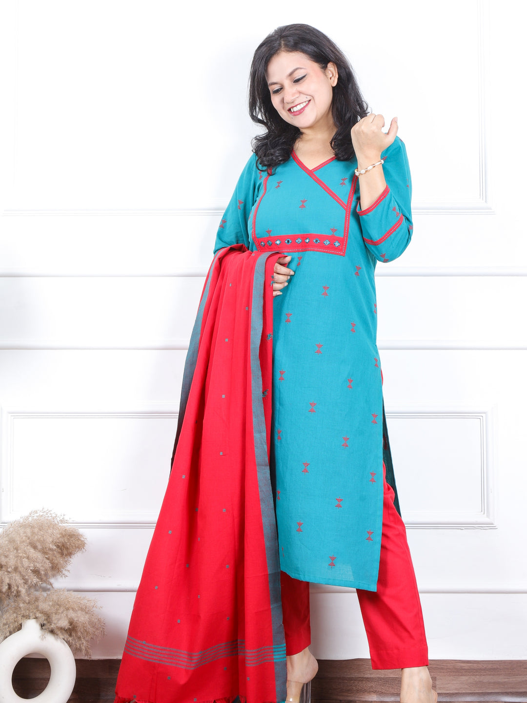 Iktaara Cerulean Teal Angrakha Neck with Thread Weaved Work 3 Piece Set