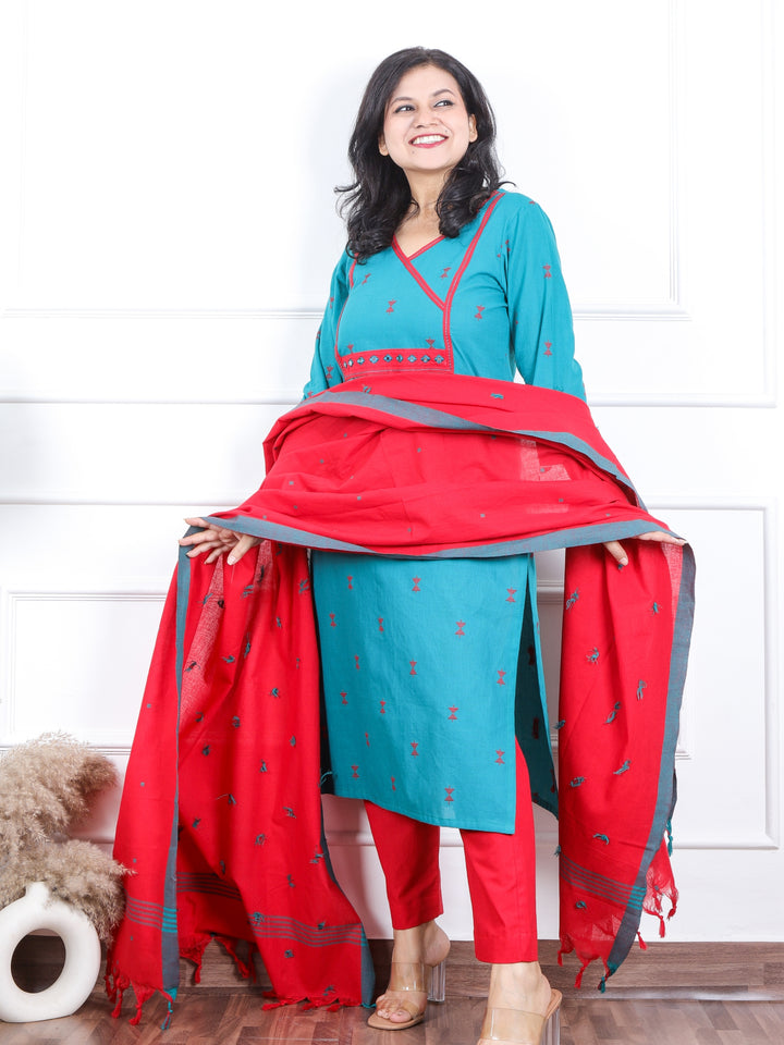 Iktaara Cerulean Teal Angrakha Neck with Thread Weaved Work 3 Piece Set