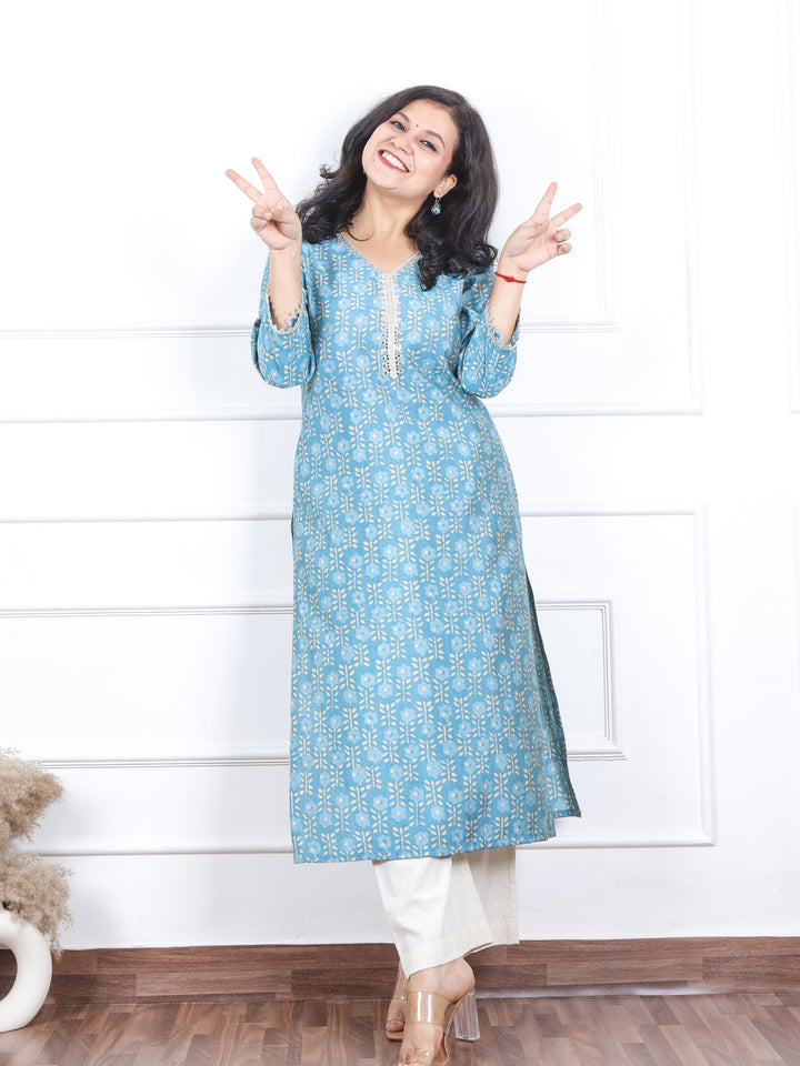 Aishwarya Pastel Sky Blue Printed with Lace Neck Work Modal Kurti