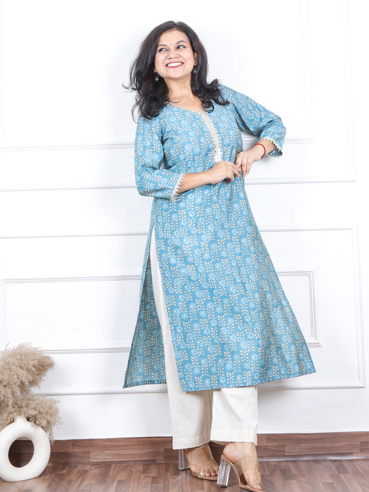 Aishwarya Pastel Sky Blue Printed with Lace Neck Work Modal Kurti