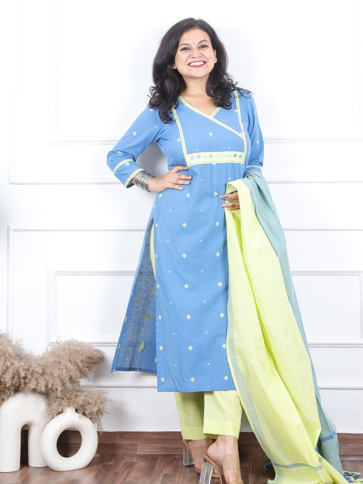 Iktaara Faded Blue Angrakha Neck with Thread Weaved Work 3 Piece Set