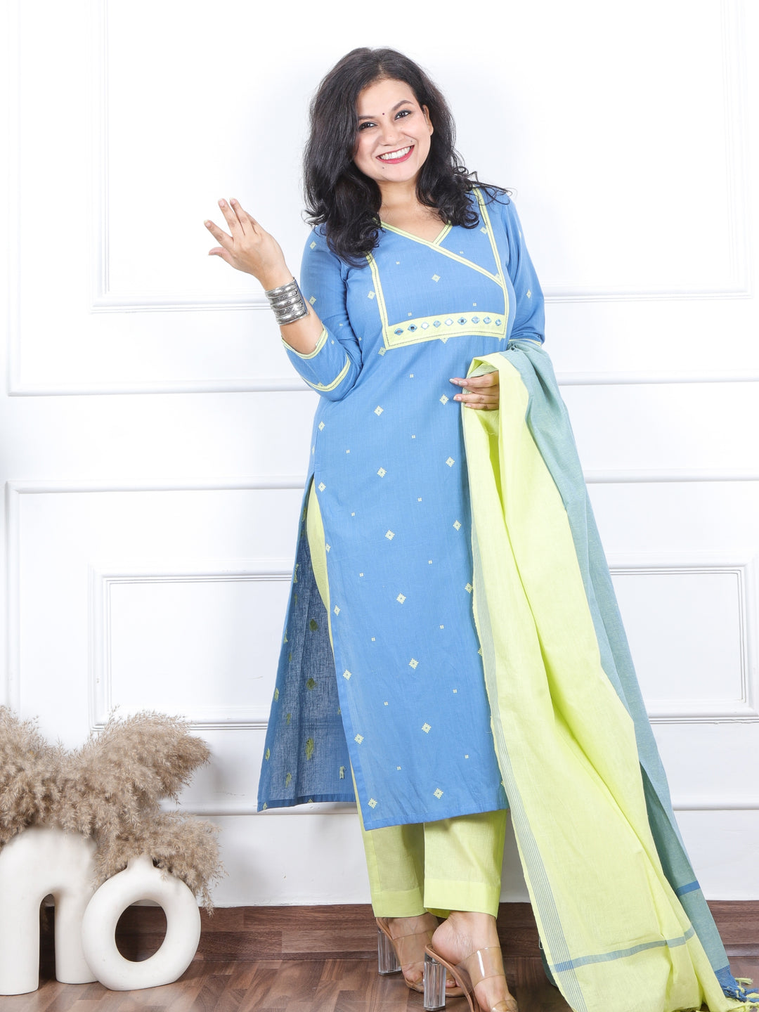 Iktaara Faded Blue Angrakha Neck with Thread Weaved Work 3 Piece Set