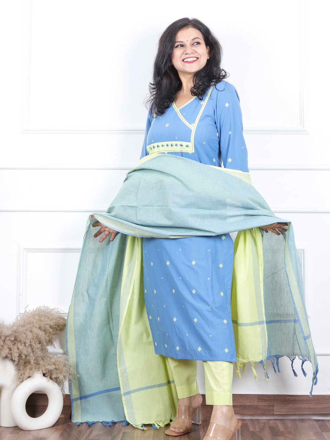 Iktaara Faded Blue Angrakha Neck with Thread Weaved Work 3 Piece Set