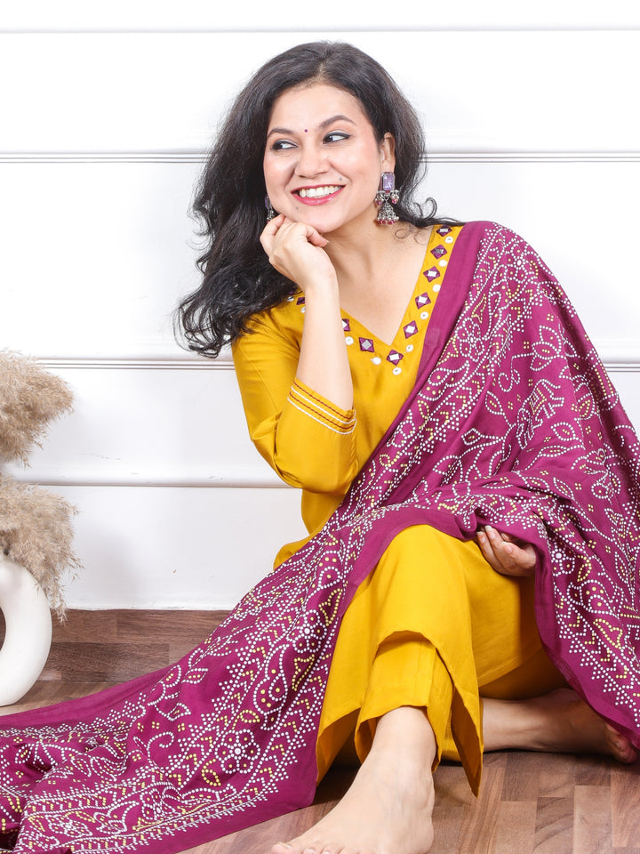 Prakriti Canary Yellow Mirror Work V Neck Roman Silk 3 Piece Set