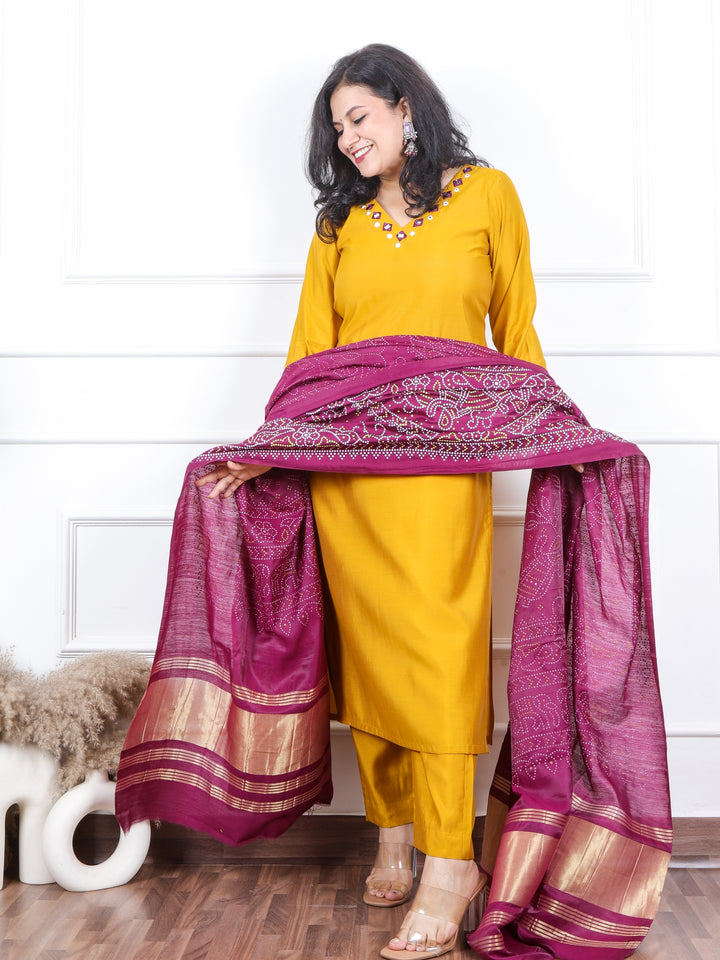 Prakriti Canary Yellow Mirror Work V Neck Roman Silk 3 Piece Set