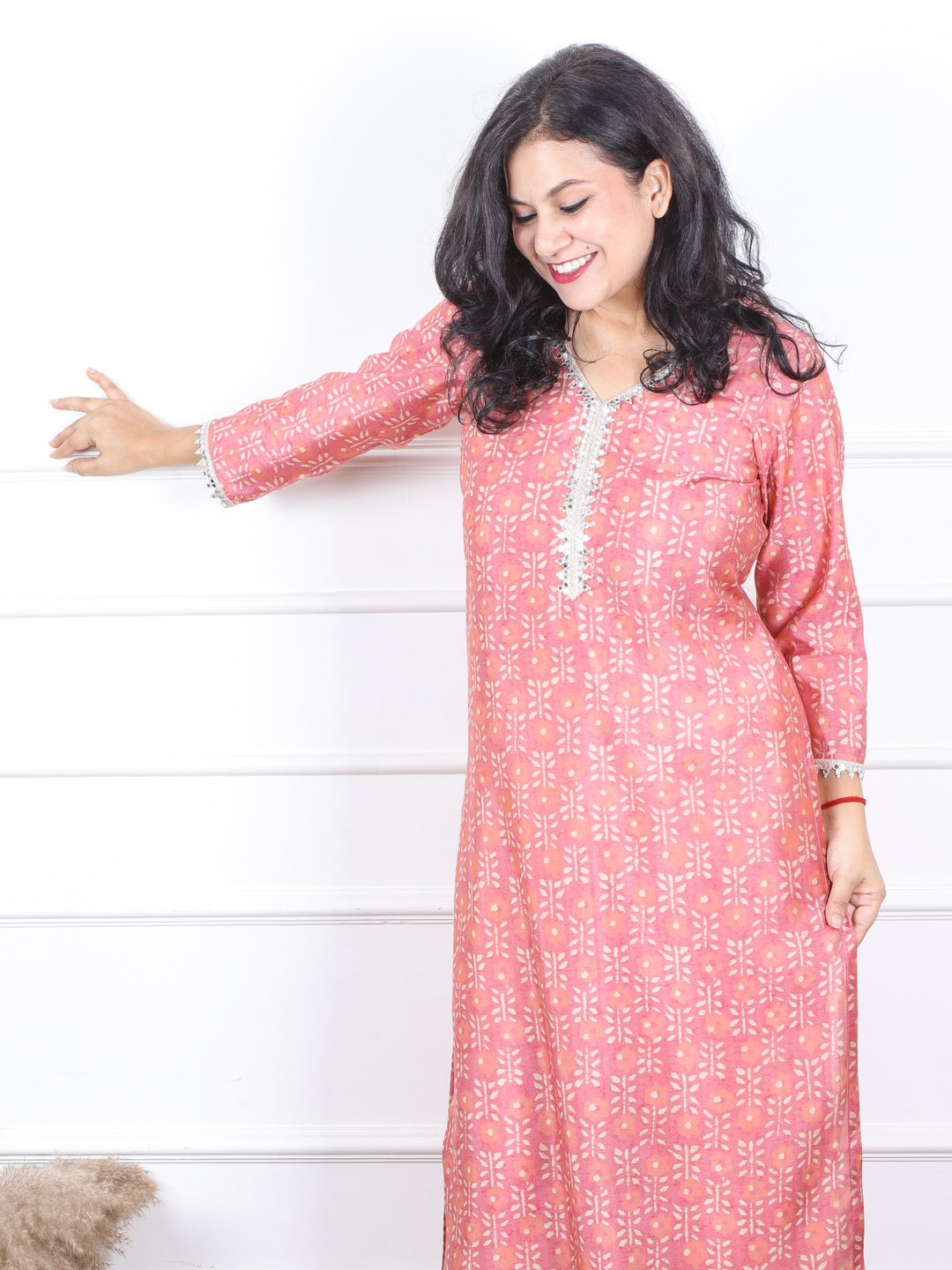 Aishwarya Pastel Pink Printed with Lace Neck Work Modal Kurti