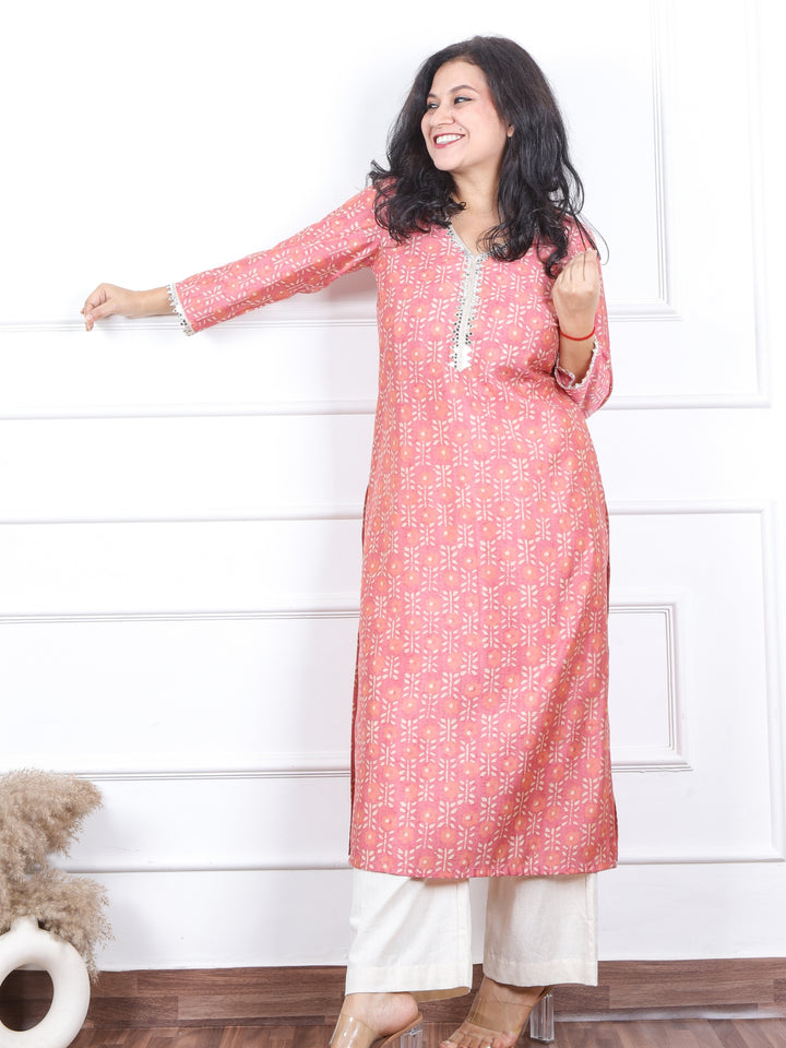 Aishwarya Pastel Pink Printed with Lace Neck Work Modal Kurti