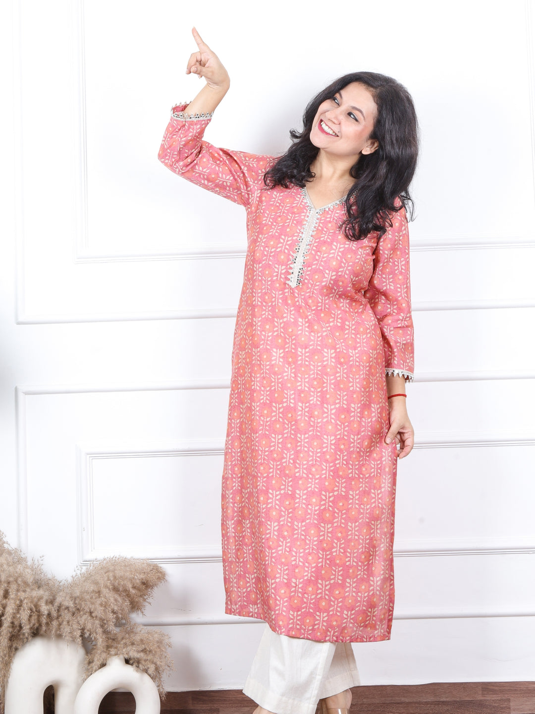 Aishwarya Pastel Pink Printed with Lace Neck Work Modal Kurti