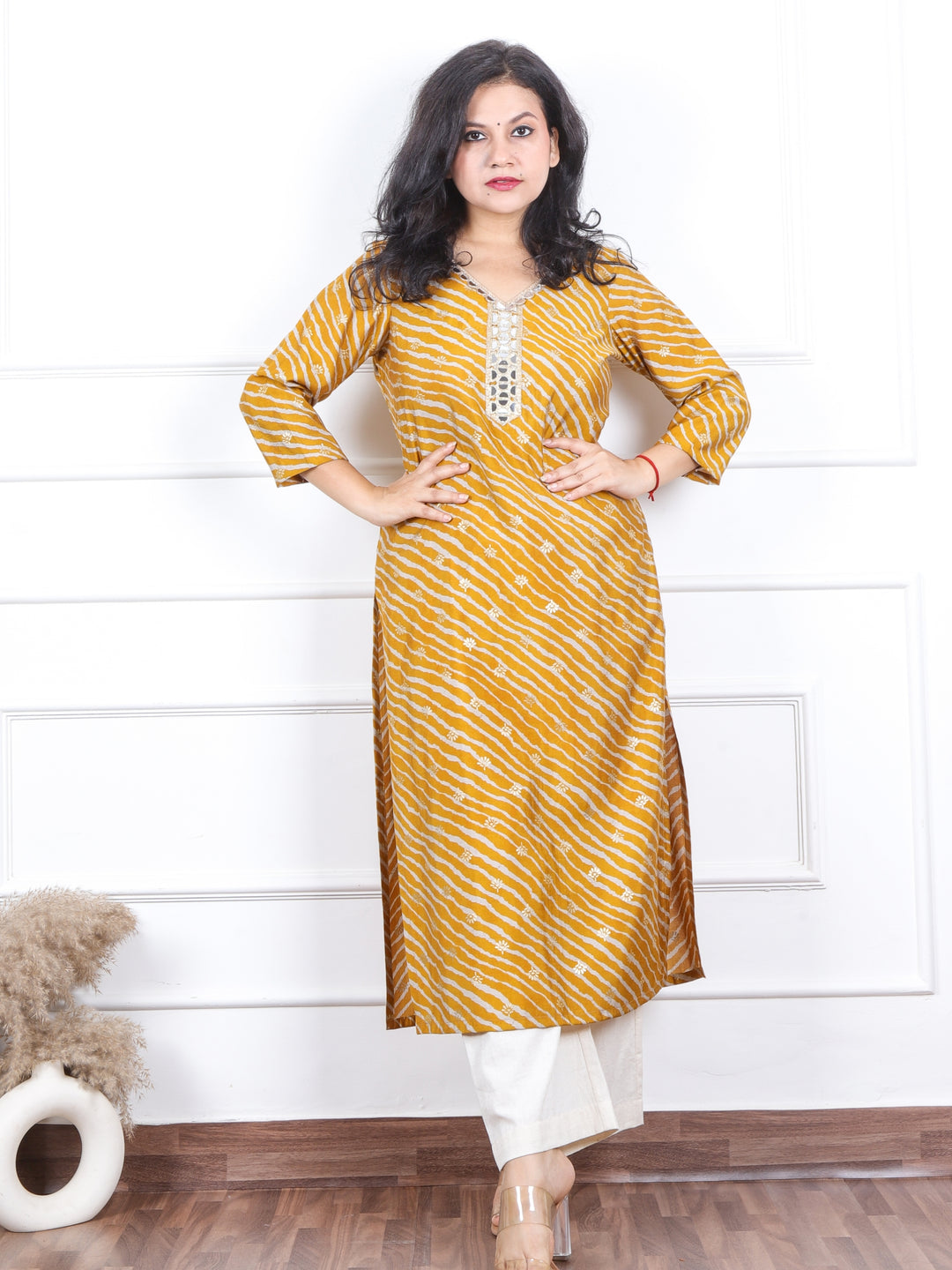 Aishwarya Peanut Brown Leheriya Print with Lace Neck Work Modal Kurti