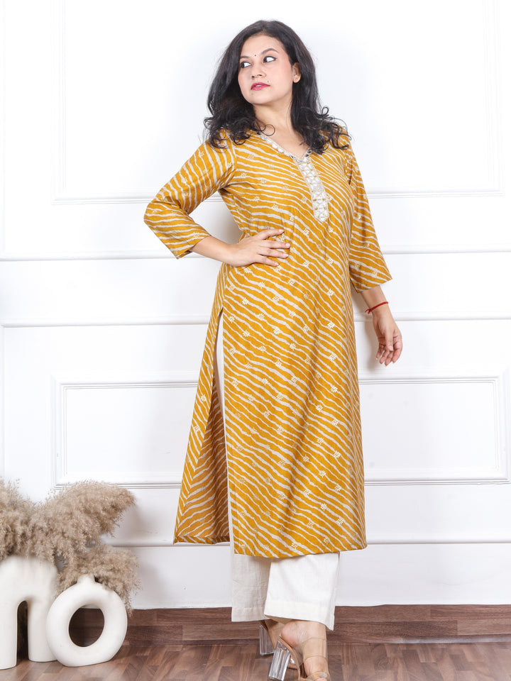 Aishwarya Peanut Brown Leheriya Print with Lace Neck Work Modal Kurti