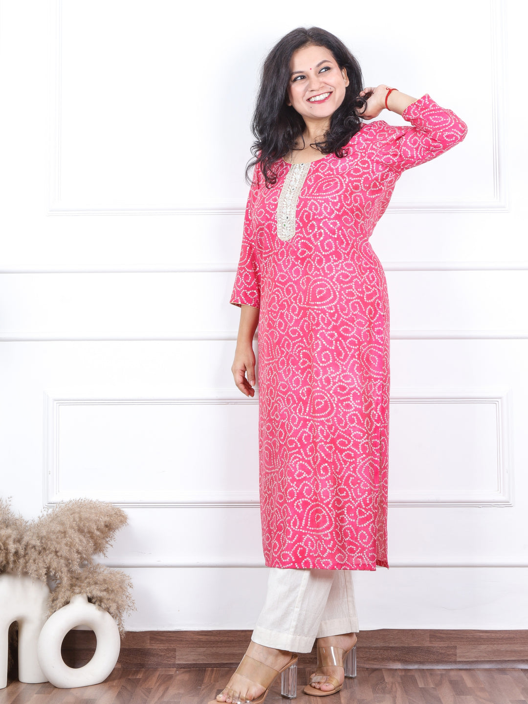 Aishwarya Flamingo Pink Bandani Print with Lace Neck Work Modal Kurti