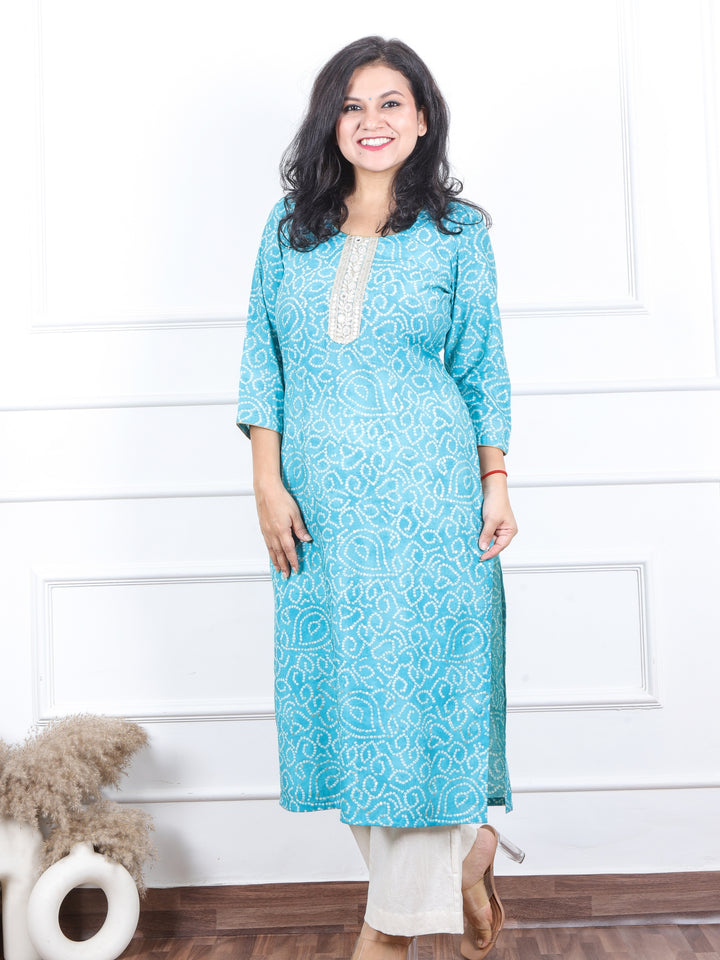 Aishwarya Cerulean Aqua Bandani Print with Lace Neck Work Modal Kurti