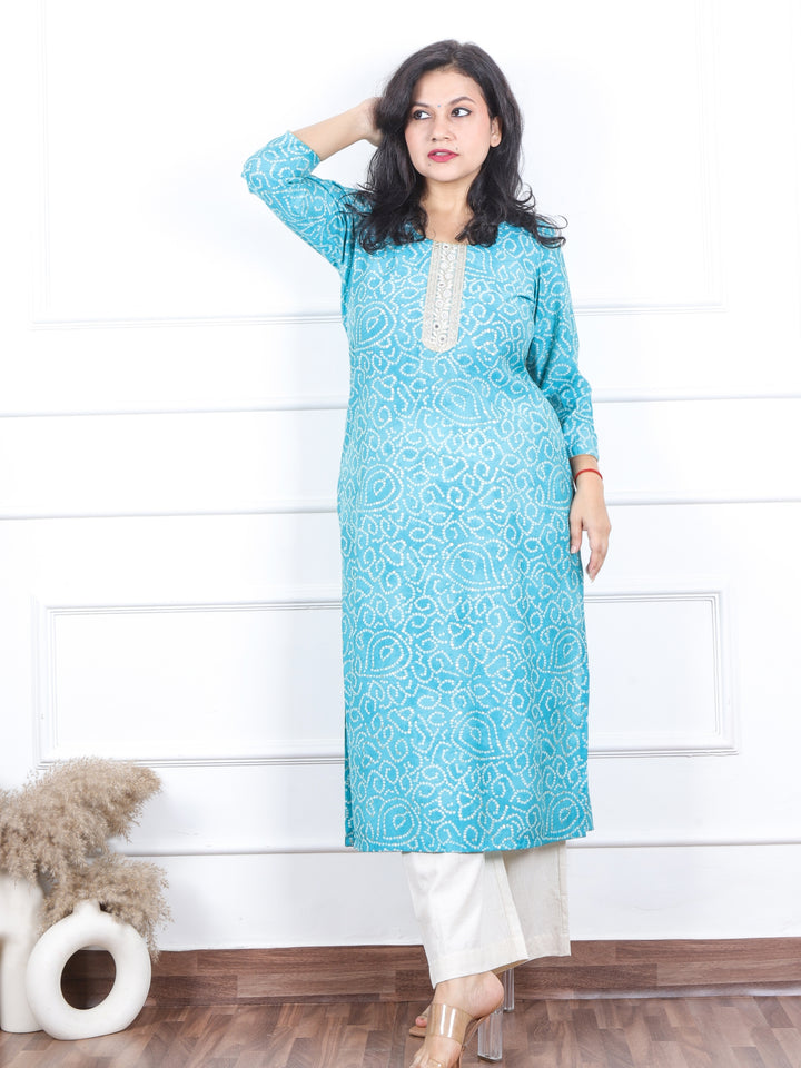 Aishwarya Cerulean Aqua Bandani Print with Lace Neck Work Modal Kurti