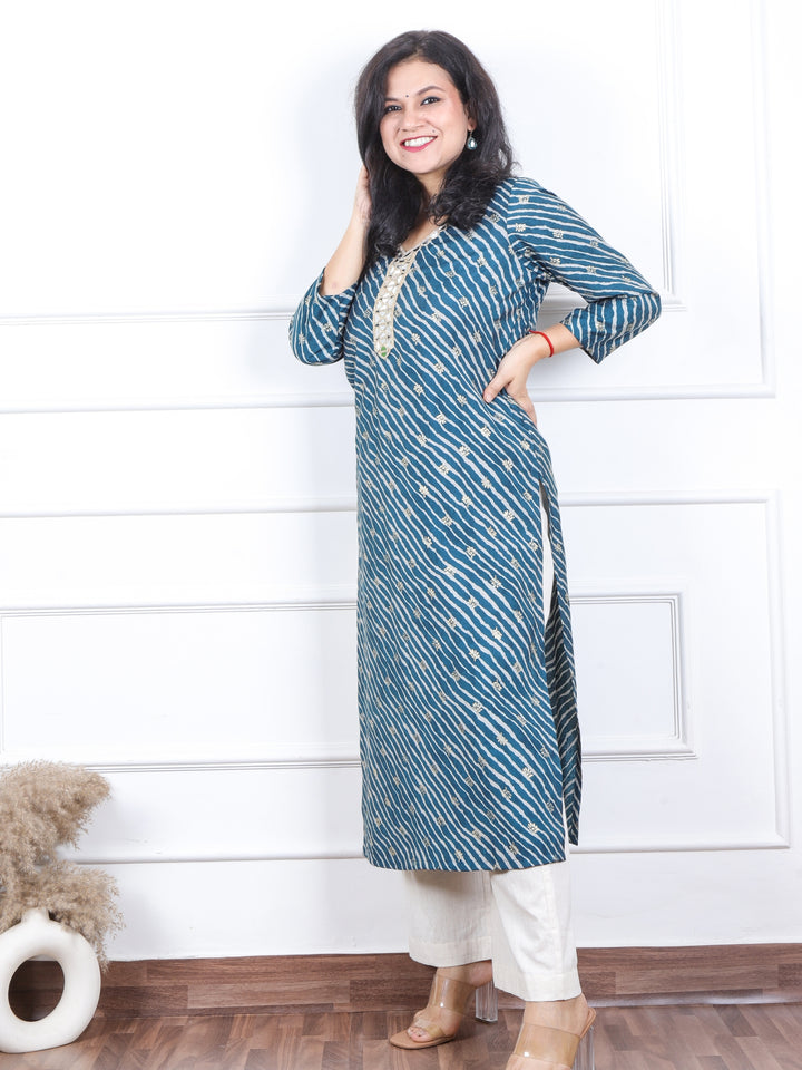 Aishwarya Navy Blue Leheriya Print with Lace Neck Work Modal Kurti