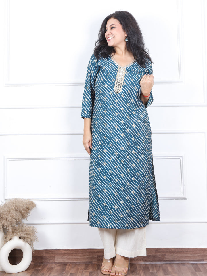 Aishwarya Navy Blue Leheriya Print with Lace Neck Work Modal Kurti