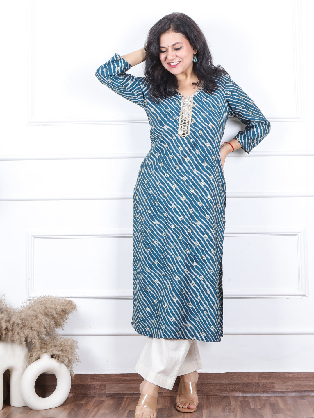 Aishwarya Navy Blue Leheriya Print with Lace Neck Work Modal Kurti