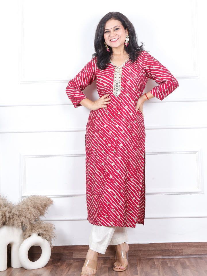 Aishwarya Burgundy Red Leheriya Print with Lace Neck Work Modal Kurti