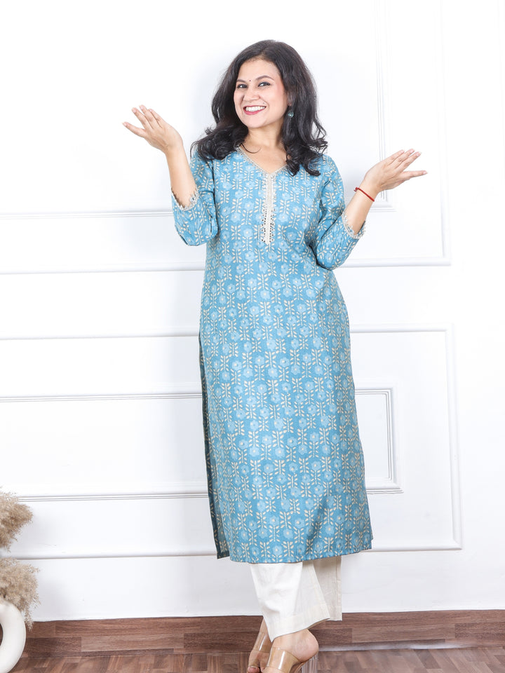 Aishwarya Pastel Sky Blue Printed with Lace Neck Work Modal Kurti