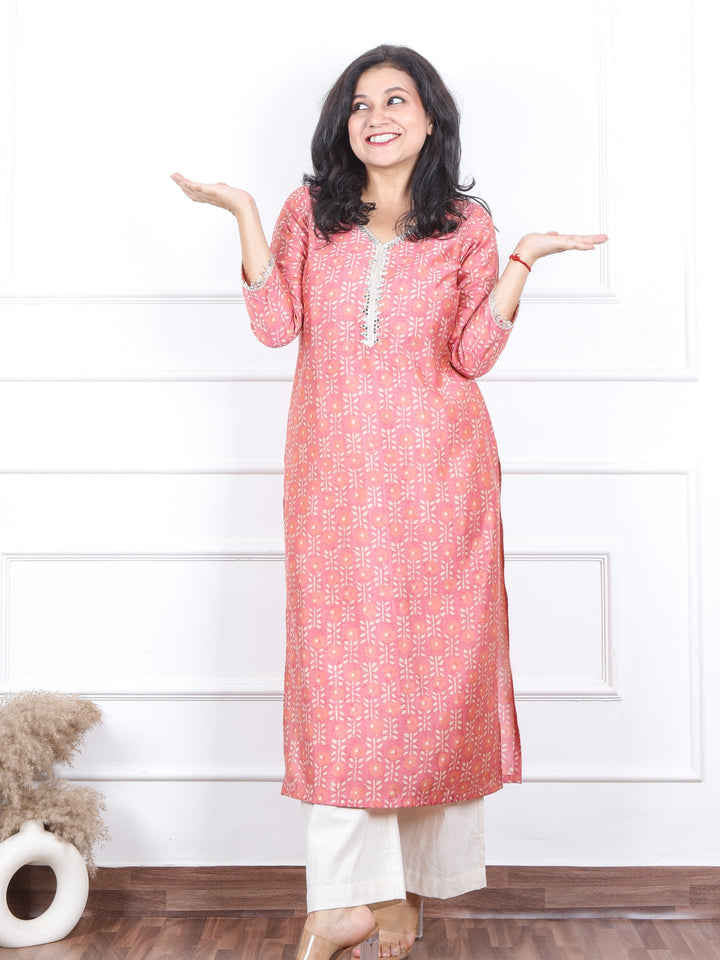 Aishwarya Pastel Pink Printed with Lace Neck Work Modal Kurti