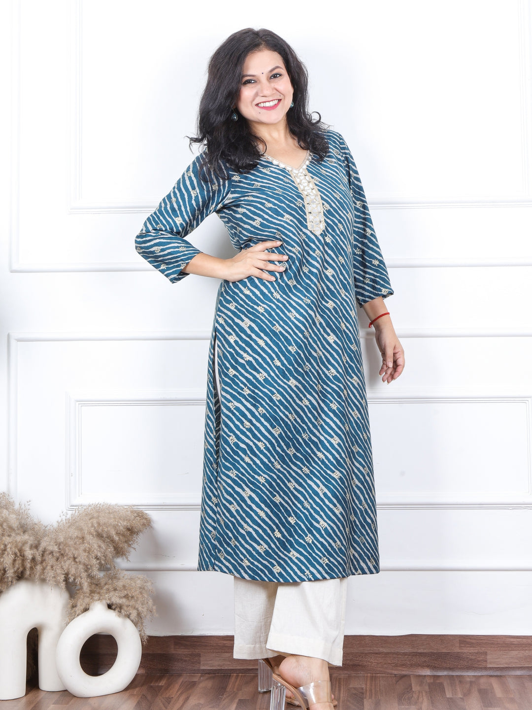 Aishwarya Navy Blue Leheriya Print with Lace Neck Work Modal Kurti