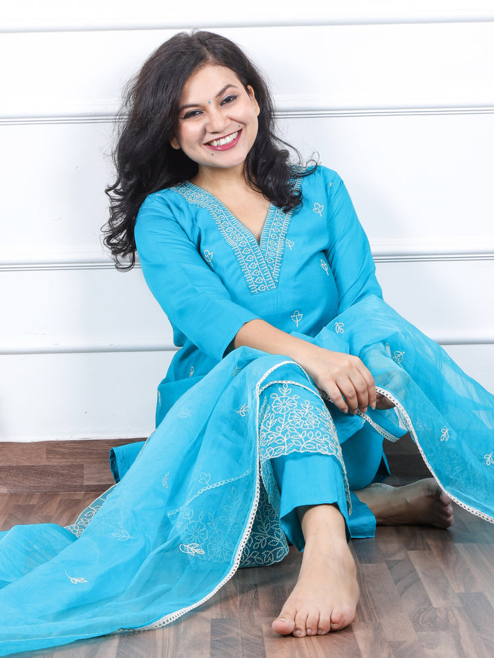 Daarshvi Teal Blue V Thread Embellish Neckline Work Modal 3 Piece Set