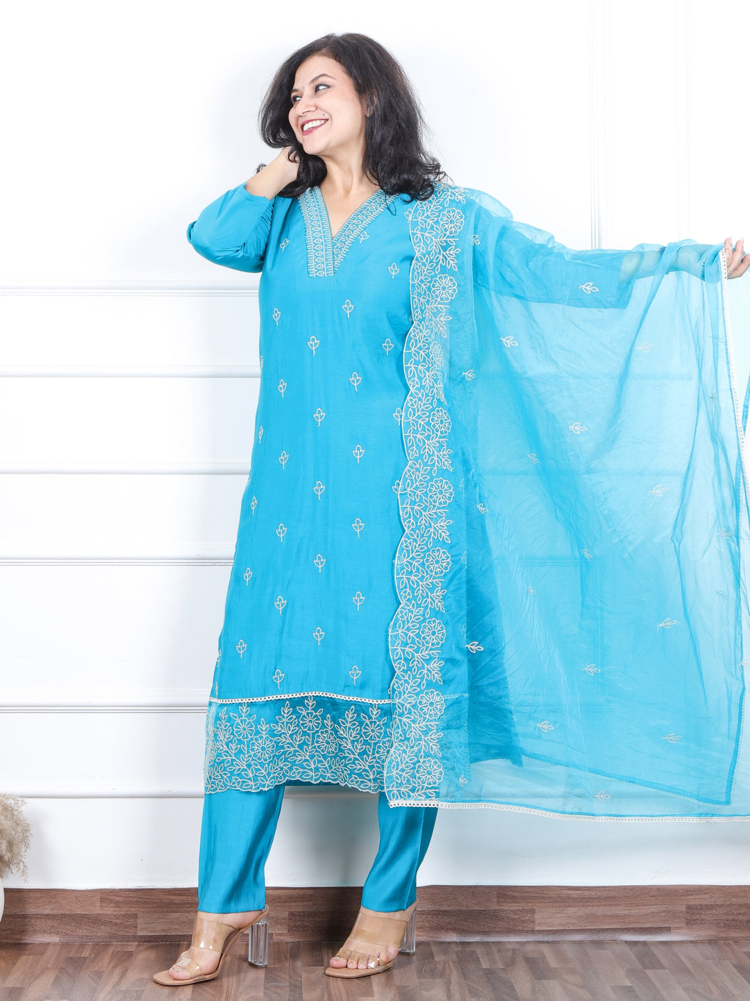 Daarshvi Teal Blue V Thread Embellish Neckline Work Modal 3 Piece Set