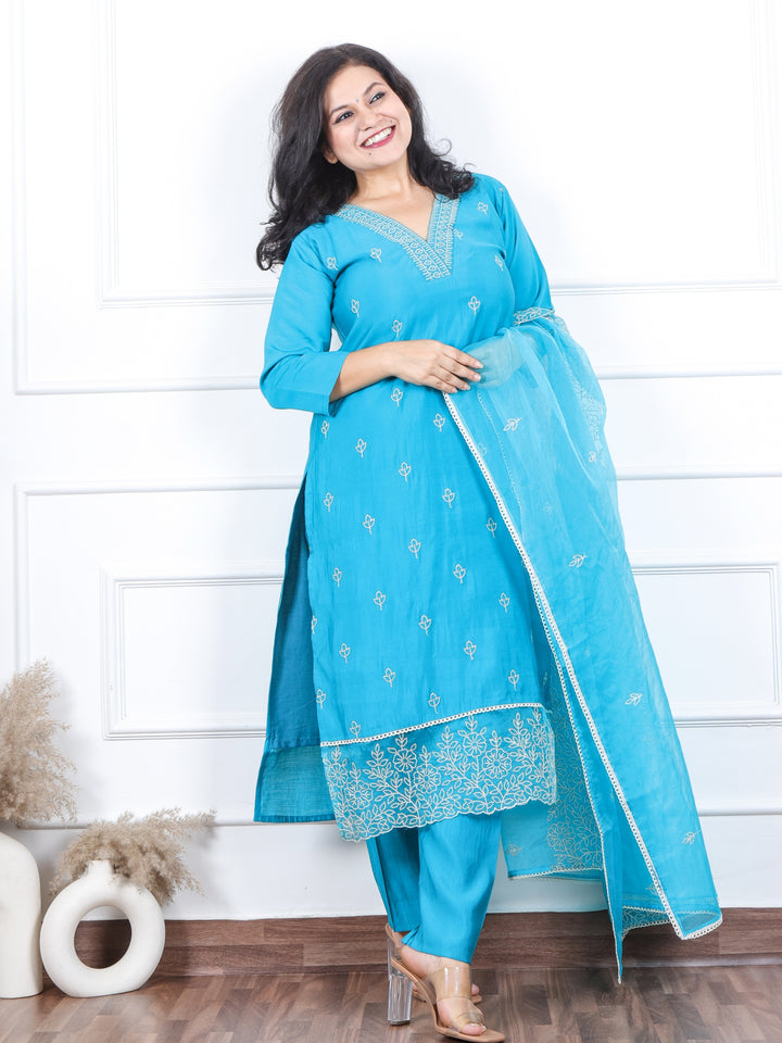 Daarshvi Teal Blue V Thread Embellish Neckline Work Modal 3 Piece Set