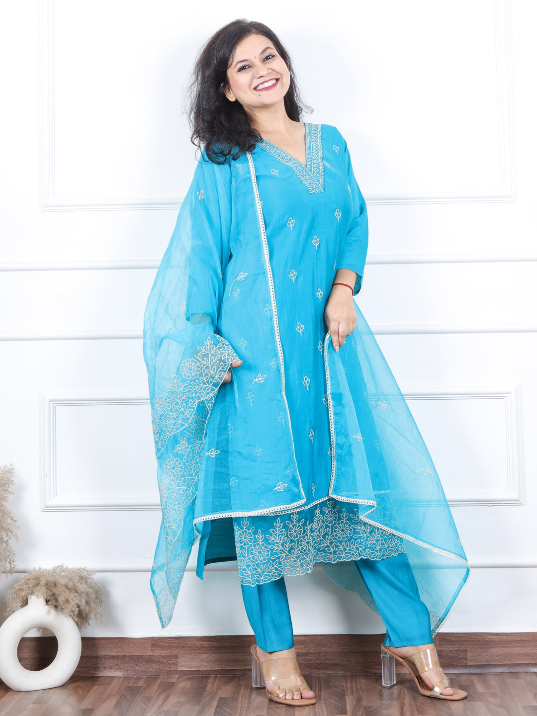 Daarshvi Teal Blue V Thread Embellish Neckline Work Modal 3 Piece Set