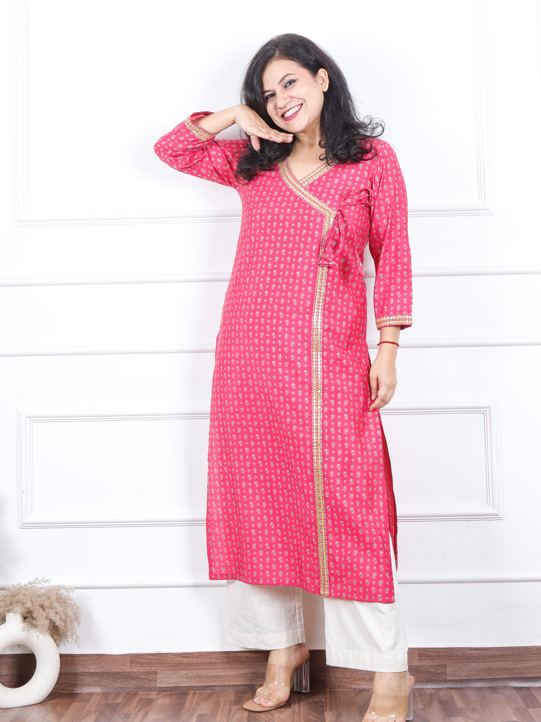 Aishwarya Rossy Pink Angrakha Style Neck Work Modal Kurti