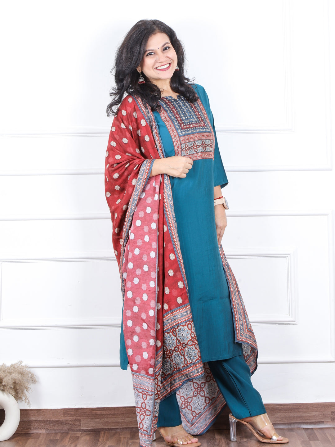 Daarshvi Sapphire Blue Printed Patch Neck Work Modal 3 Piece Set