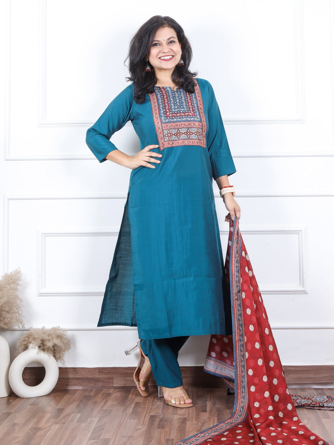 Daarshvi Sapphire Blue Printed Patch Neck Work Modal 3 Piece Set