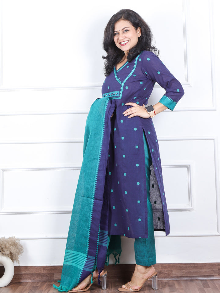 Iktaara Blue with Teal Angrakha Neck with Thread Buti Work 3 Piece Set