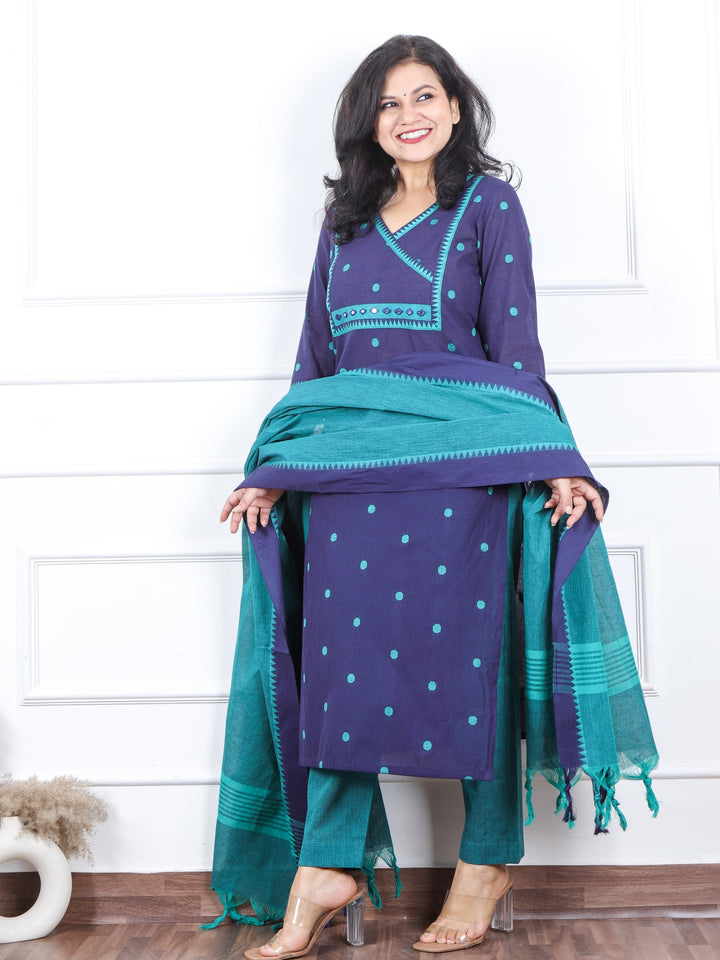 Iktaara Blue with Teal Angrakha Neck with Thread Buti Work 3 Piece Set