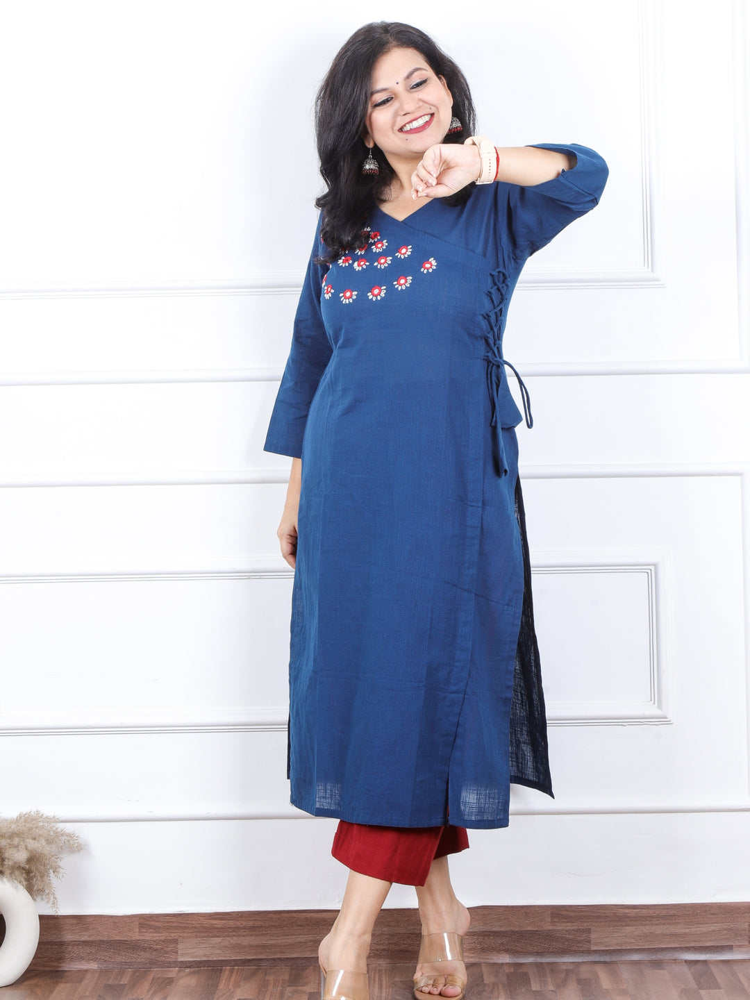 Kashish Dark Blue Mirror Neck with Thread Work Cotton Kurti
