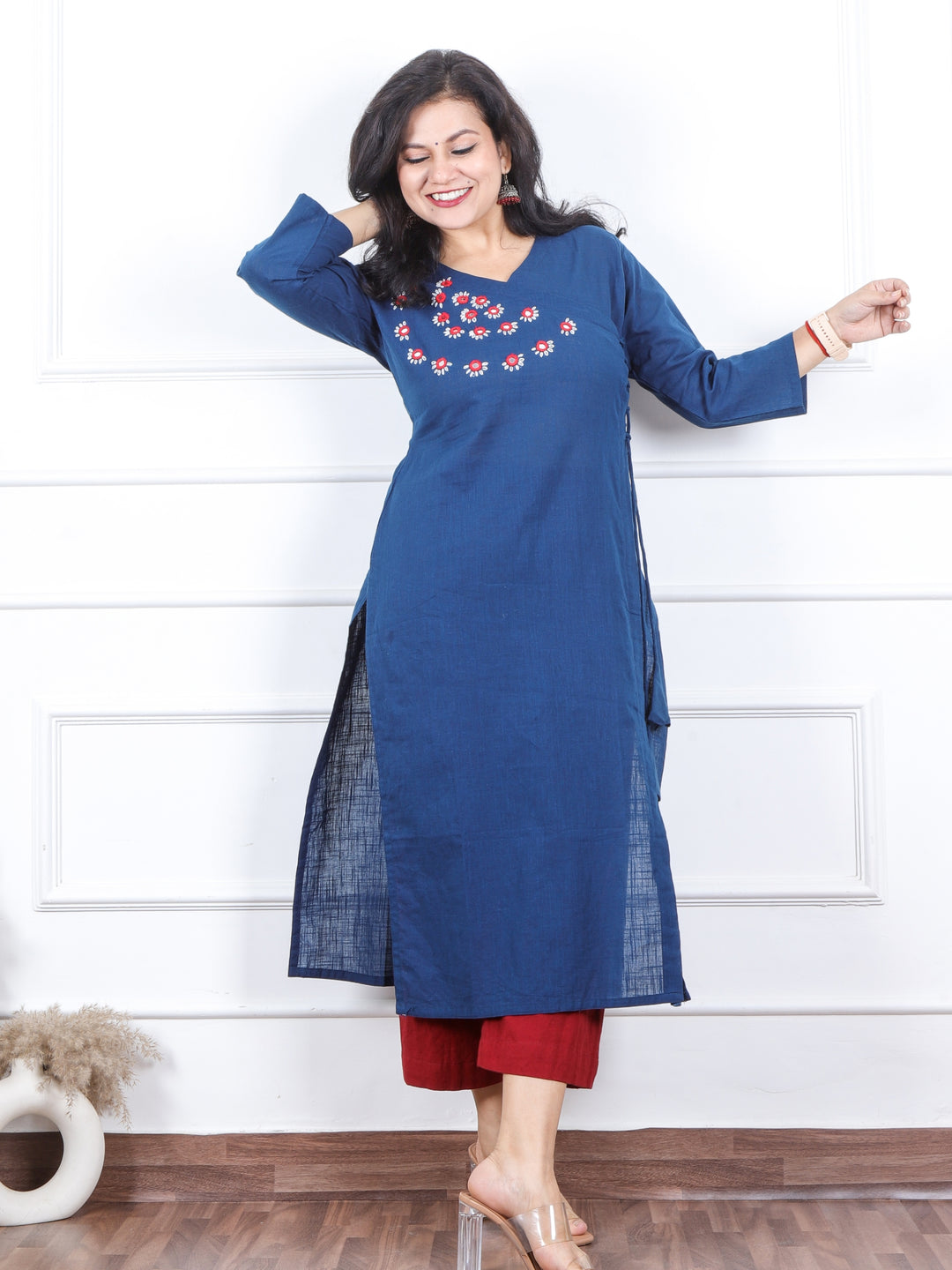 Kashish Dark Blue Mirror Neck with Thread Work Cotton Kurti