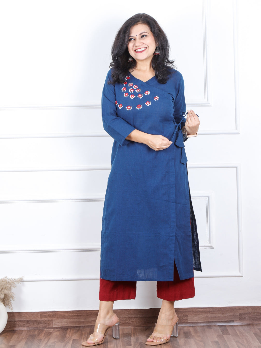 Kashish Dark Blue Mirror Neck with Thread Work Cotton Kurti