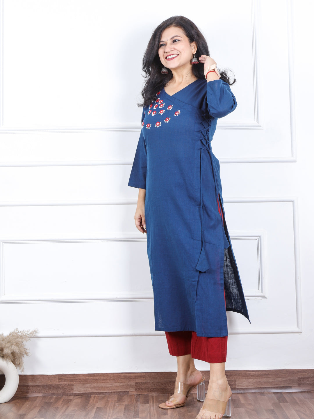 Kashish Dark Blue Mirror Neck with Thread Work Cotton Kurti