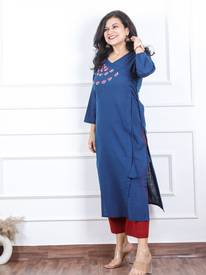 Kashish Dark Blue Mirror Neck with Thread Work Cotton Kurti