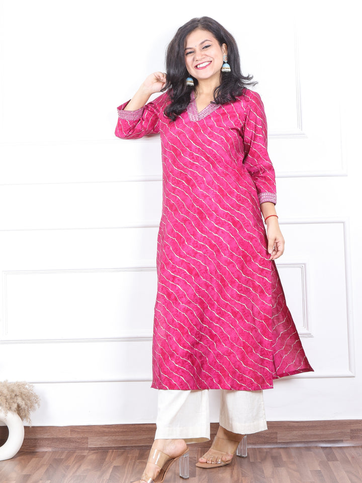 Prakriti Prime Pink Leheriya Print with V Neck Lace Work Modal Kurti