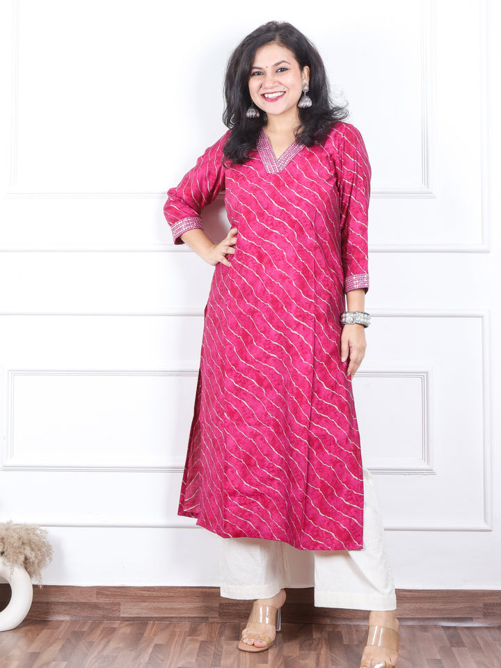 Prakriti Prime Pink Leheriya Print with V Neck Lace Work Modal Kurti