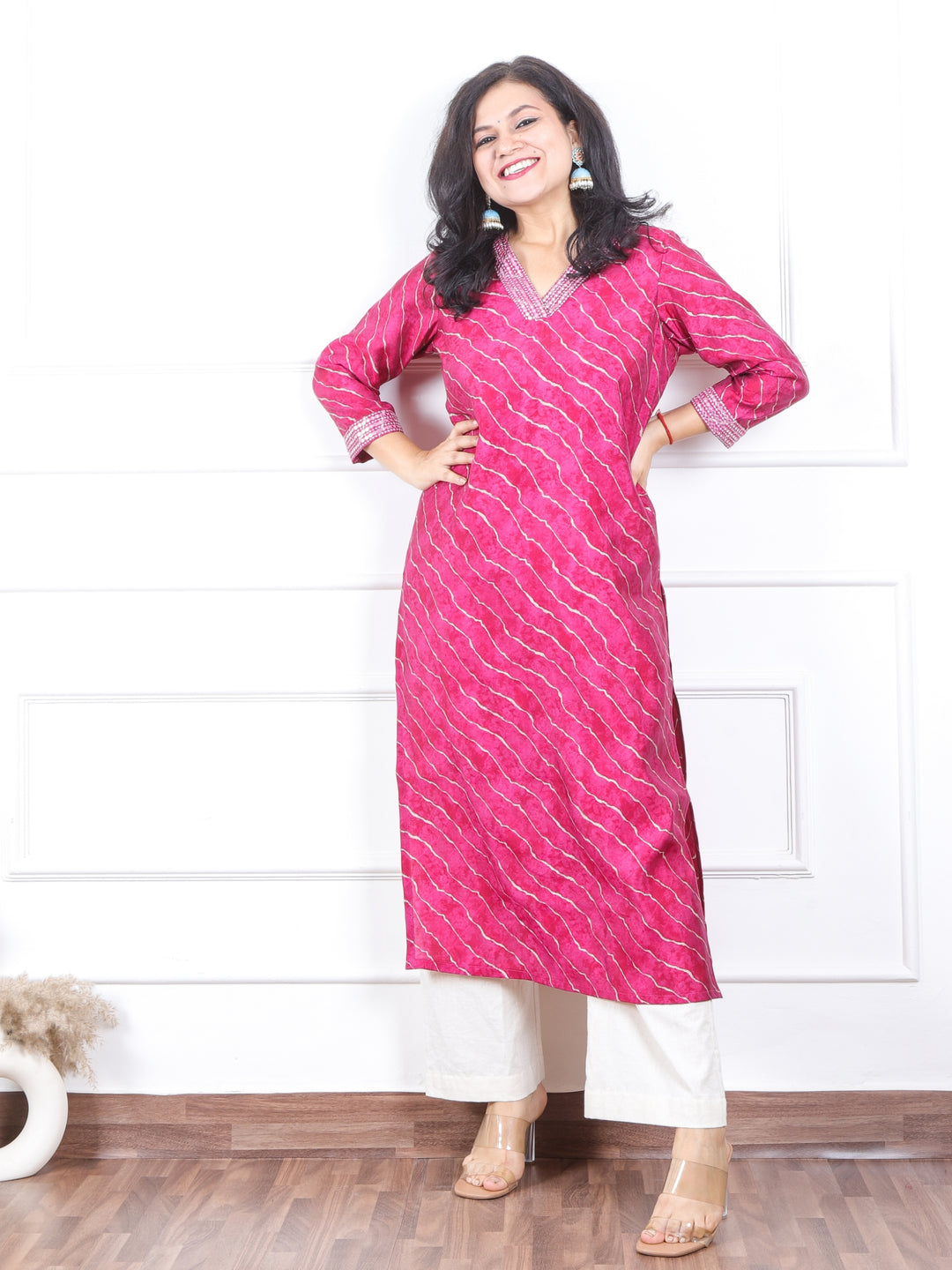 Prakriti Prime Pink Leheriya Print with V Neck Lace Work Modal Kurti