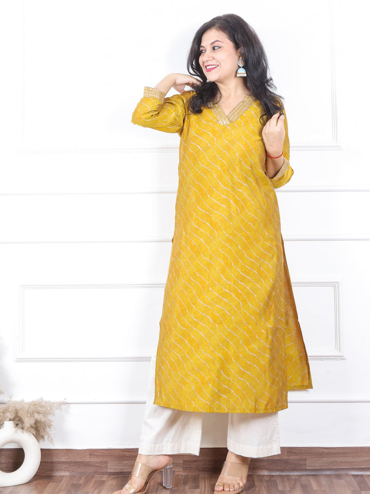 Prakriti Turmeric Yellow Leheriya Print with V Neck Lace Work Modal Kurti