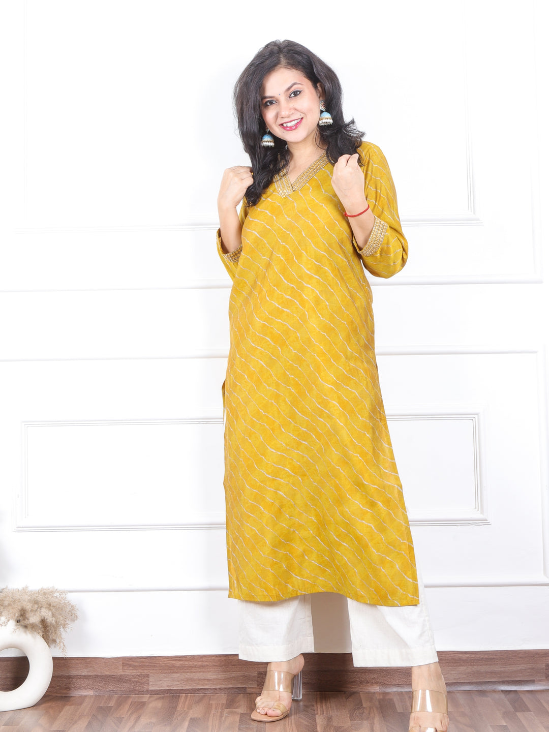 Prakriti Turmeric Yellow Leheriya Print with V Neck Lace Work Modal Kurti