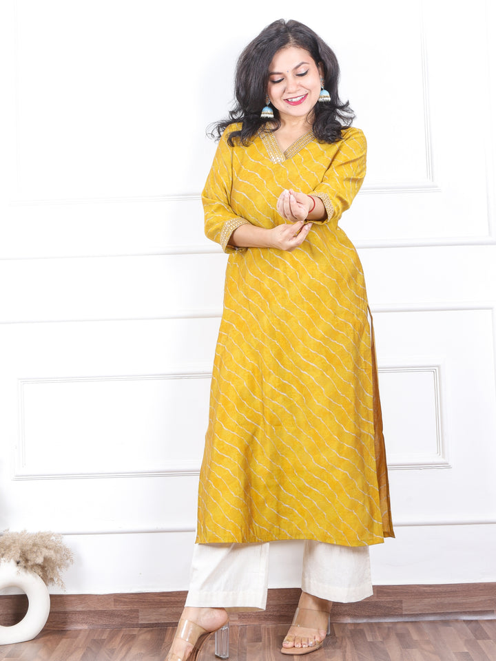 Prakriti Turmeric Yellow Leheriya Print with V Neck Lace Work Modal Kurti