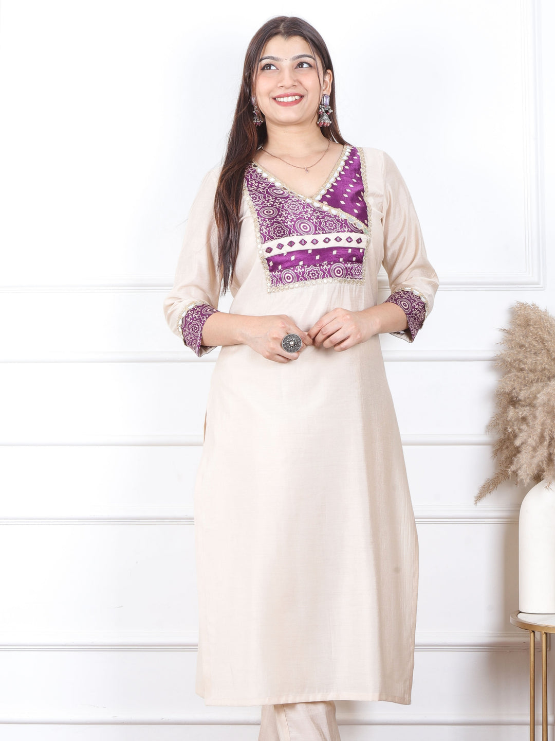 Sajna Buttermilk White Angrakha Style Mashru Patch Work Roman Silk Kurti