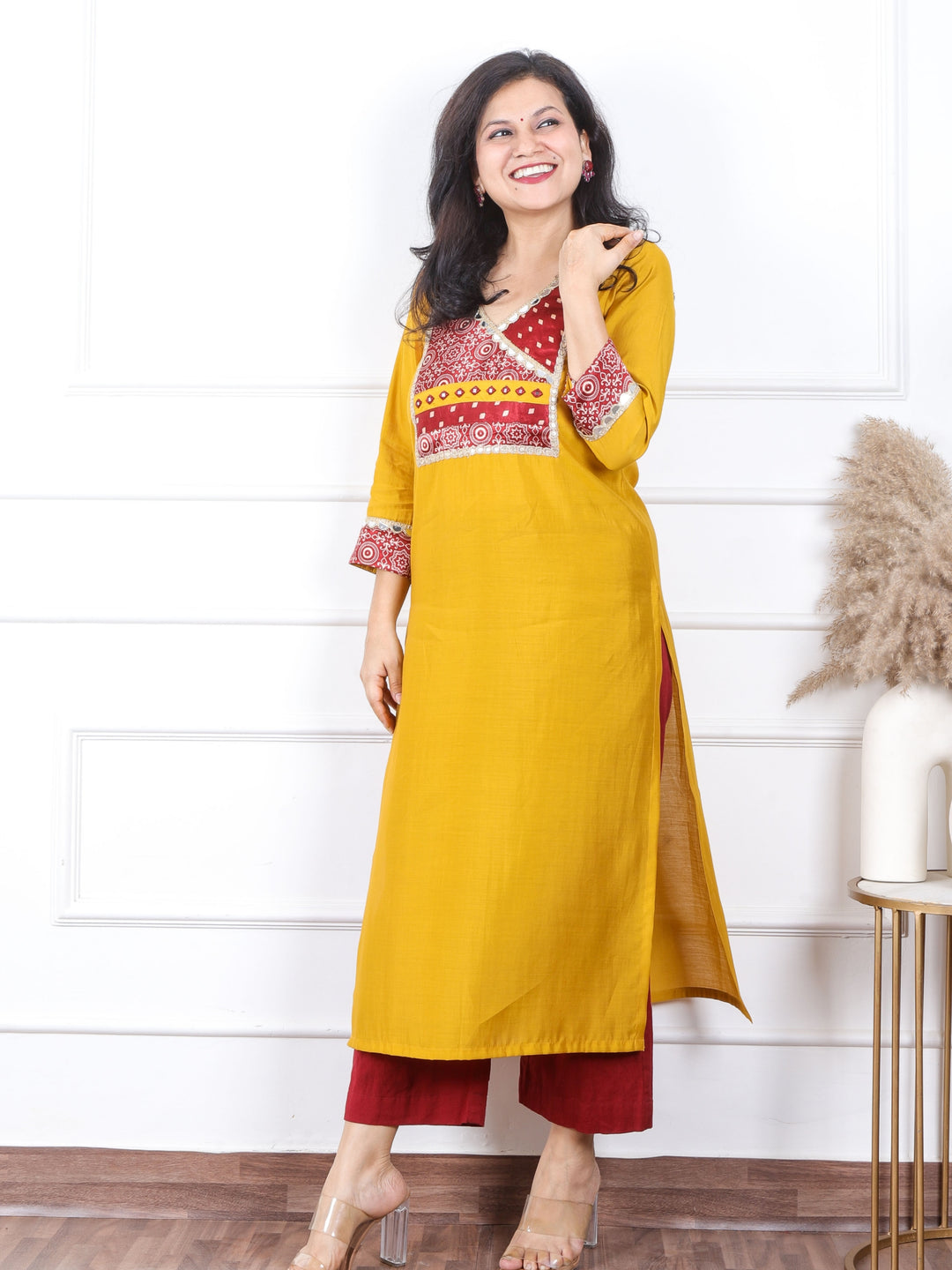 Sajna Honey Yellow Angrakha Style Mashru Patch Work Roman Silk Kurti