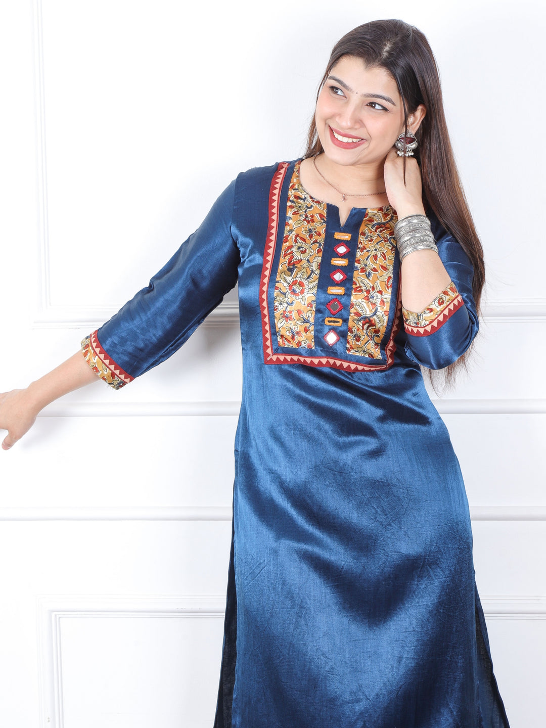 Sajna Royal Blue Patch with Mirror Work Mashru Silk Kurti