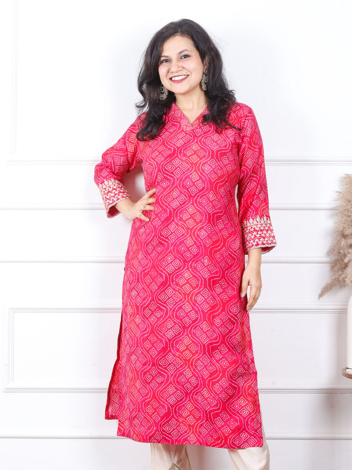 Sajna Berry Pink V Neck In Bandhani Printed Muslin Kurti