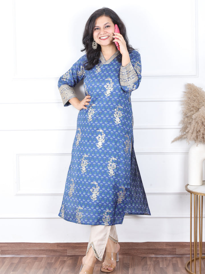 Sajna Sapp. Blue V Neck In Floral Printed with Foil Work Muslin Kurti